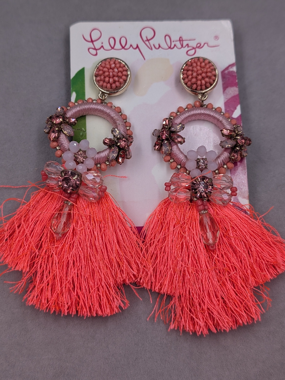 Lilly Pulitzer Paradise Petals Earrings Coral Spritz Tassel NWT | 1230